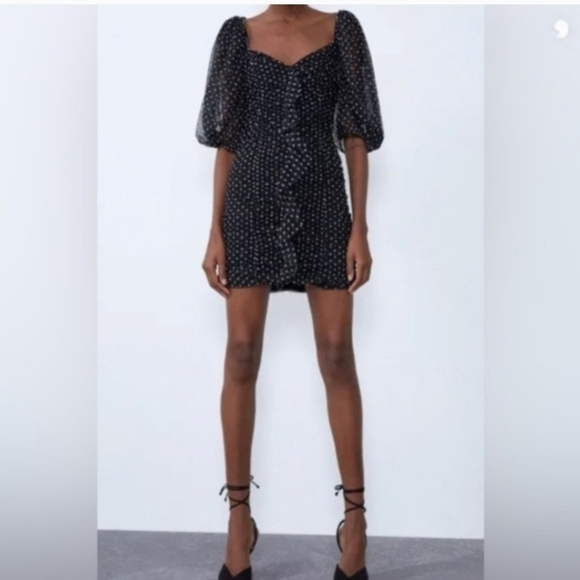 Zara Polka Dot Puff Sleeve Ruched Dress Black White Dots Sz M NWT MSRP $69 - Picture 3 of 13